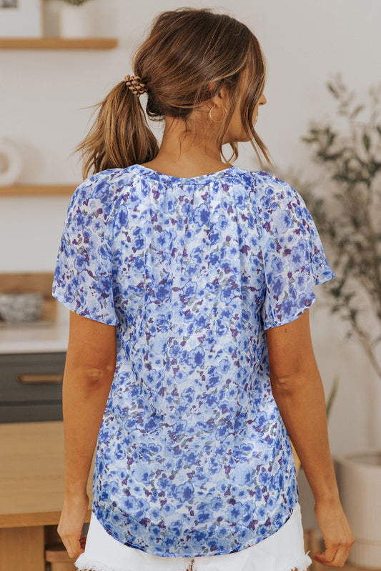Ellie Flutter Sleeve V Neck Floral Blouse – Blue Tops/Blouses & Shirts for Shopify Collective (2 view)