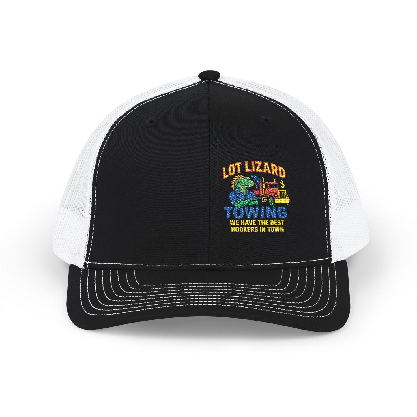 Embroidered Snapback Trucker Cap - Lot Lizard Towing Design 1 – One size Hats for Branded Headwear (1 view)