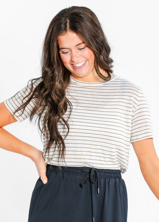 Essential Linen Short Sleeve Tee – Charcoal/White Stripe IC Tops for glow - up collection (1 view)