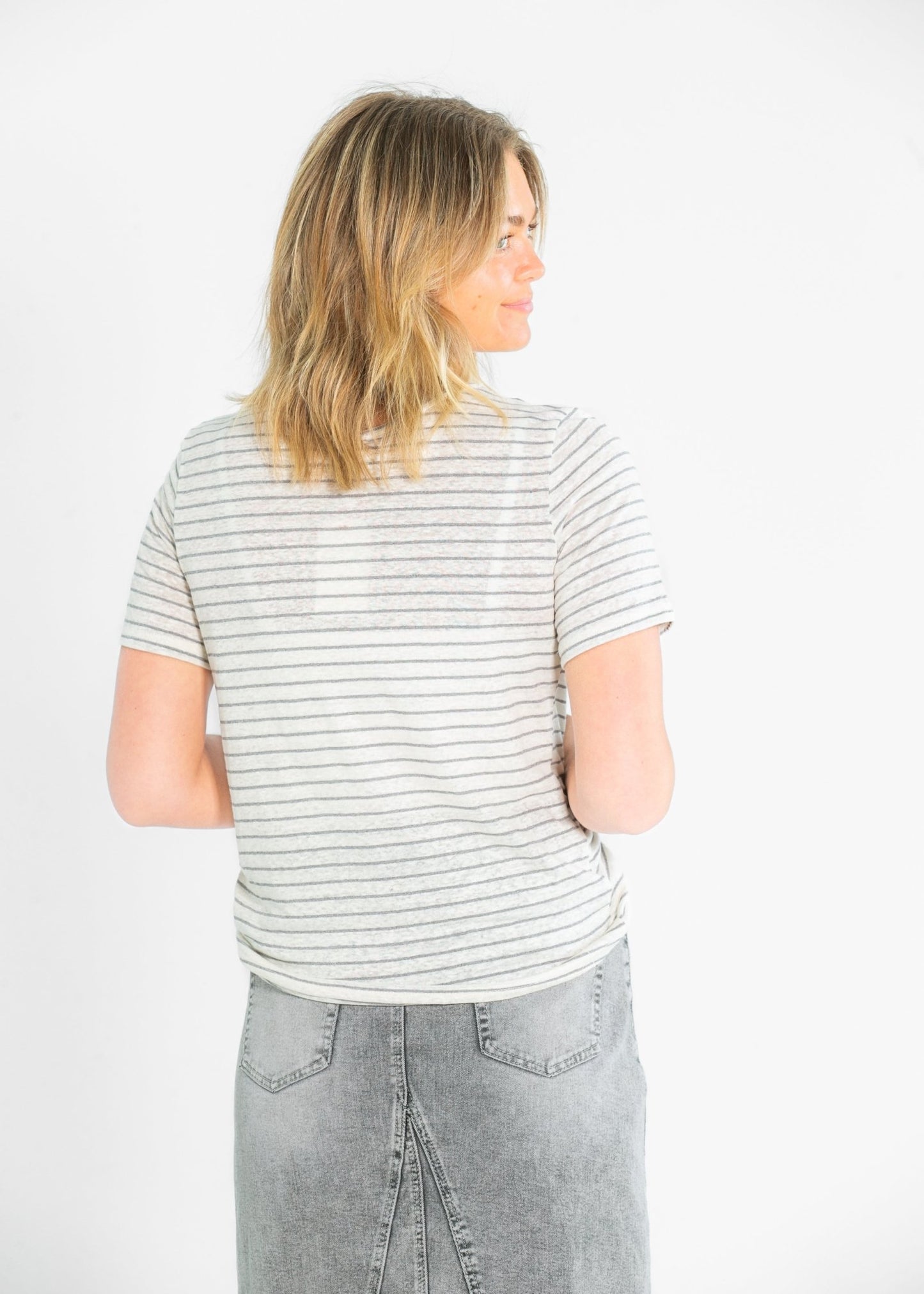 Essential Linen Short Sleeve Tee – Taupe/White Stripe IC Tops for glow - up collection (11 view)