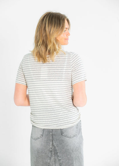 Essential Linen Short Sleeve Tee – Taupe/White Stripe IC Tops for glow - up collection (11 view)
