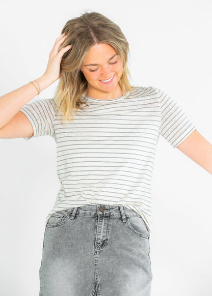 Essential Linen Short Sleeve Tee – Charcoal/White Stripe IC Tops for glow - up collection (2 view)