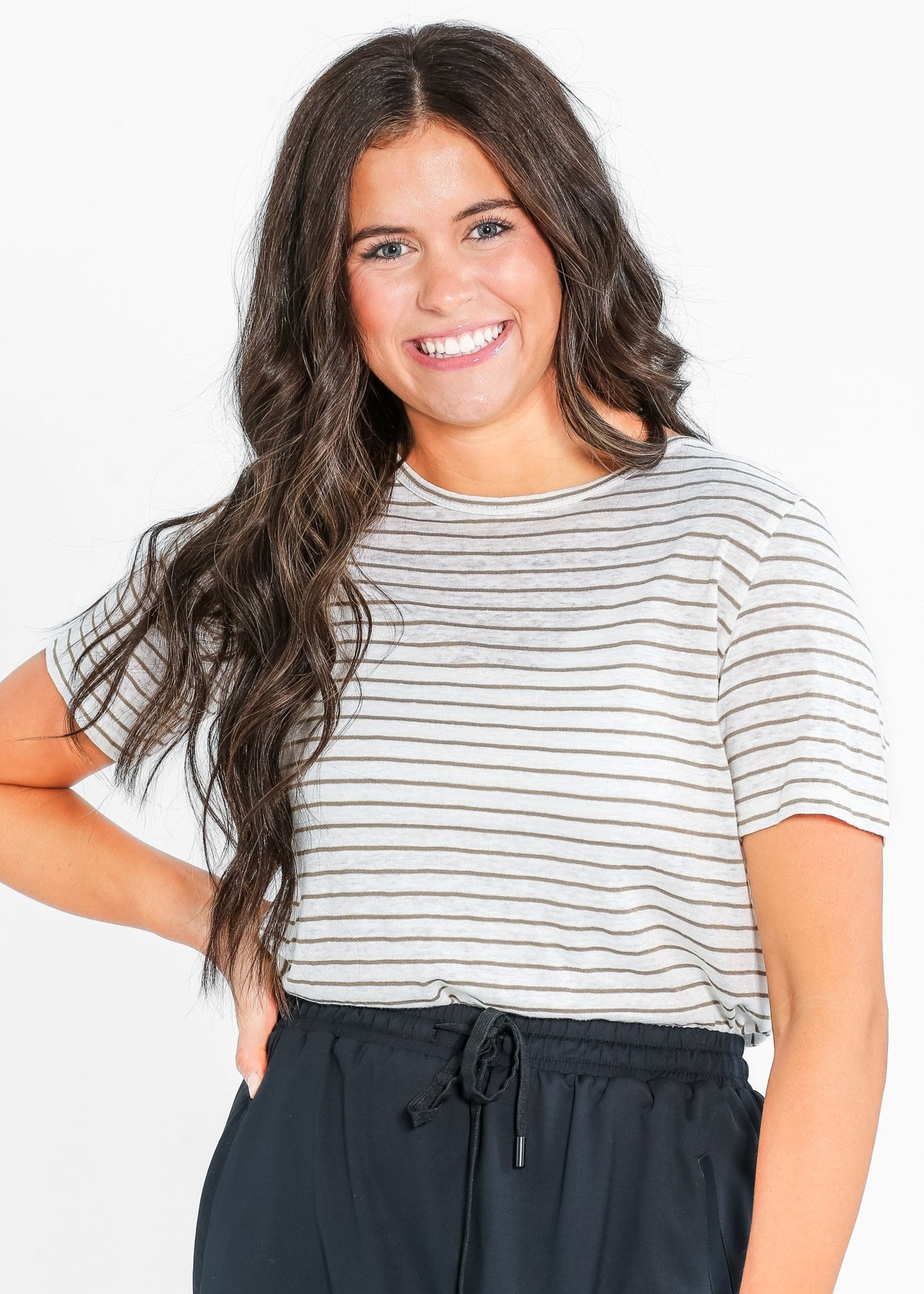 Essential Linen Short Sleeve Tee – Taupe/White Stripe IC Tops for glow - up collection (9 view)