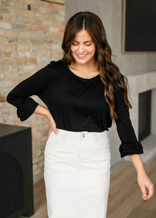 Essential Ruffled 3/4 Sleeve Top – Black IC Tops for Inherit Co. (1 view)