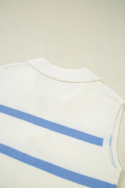 Stripe Split V Neck Collared Ribbed Sweater Vest – White by Simply Love