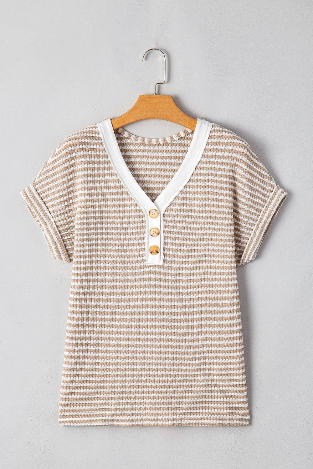 Stripe Buttoned Front V Neck T Shirt – Khaki by Simply Love
