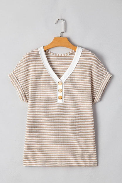 Stripe Buttoned Front V Neck T Shirt – Khaki by Simply Love