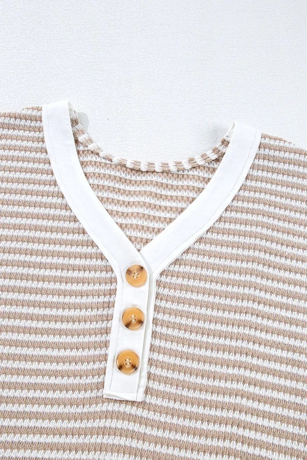Stripe Buttoned Front V Neck T Shirt – Khaki by Simply Love
