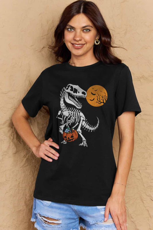 Simply Love Full Size Dinosaur Skeleton Graphic Cotton Tee – Black Women's Top for Shopify Collective (1 view)