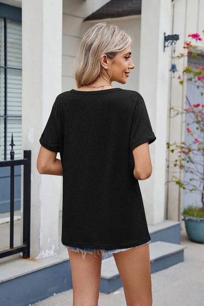 Florira Notched Short Sleeve T-Shirt – Black Women's Top for Shopify Collective (16 view)