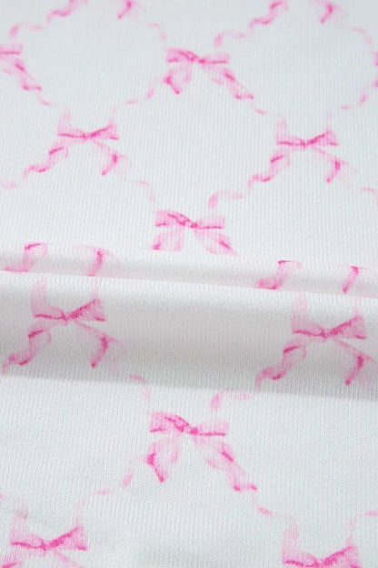 Bow Print Lettuce Trim Round Neck Top and Shorts Lounge Set – Pink for Shopify Collective (13 view)