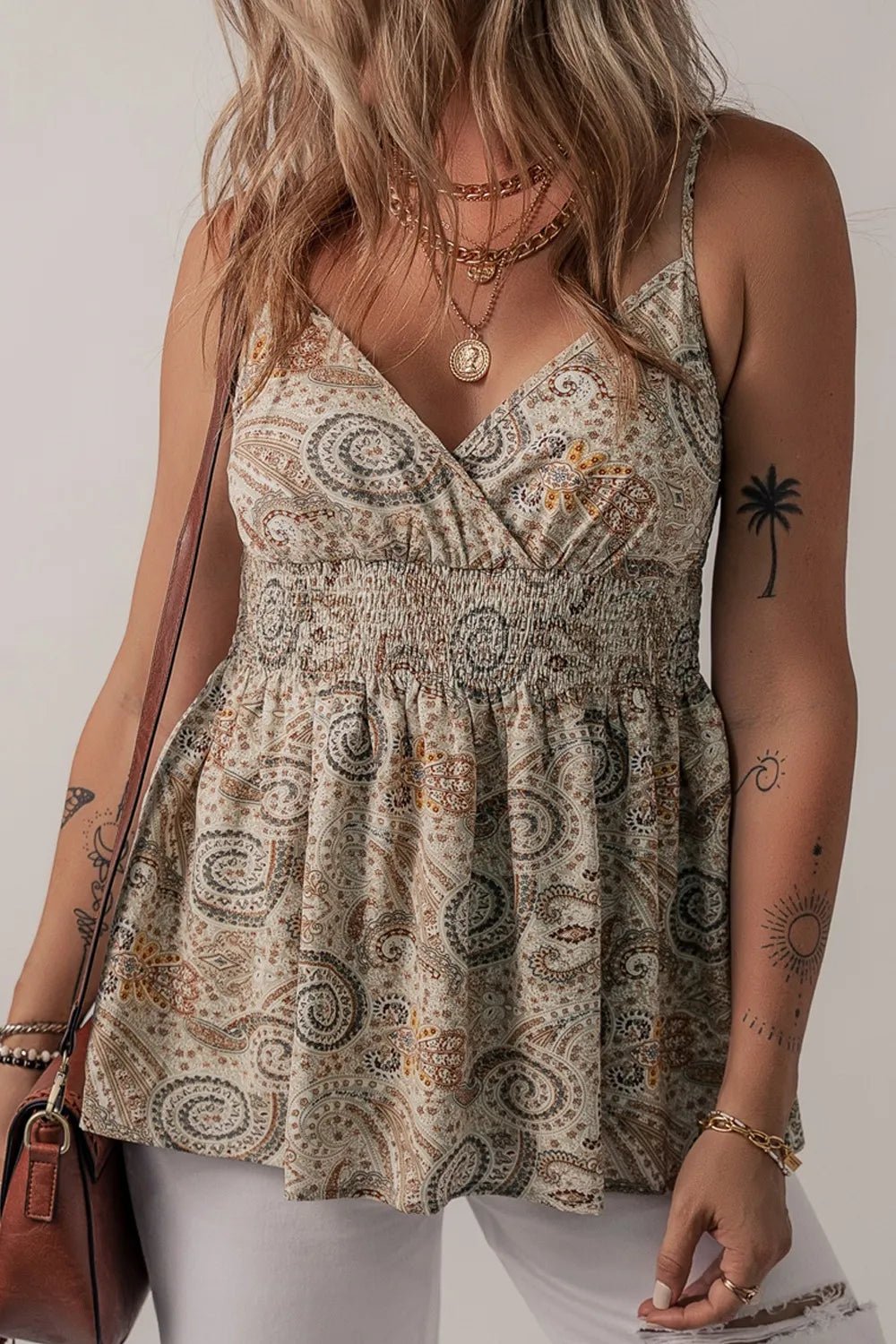 Paisley Printed Smocked Babydoll Cami – Khaki by Simply Love