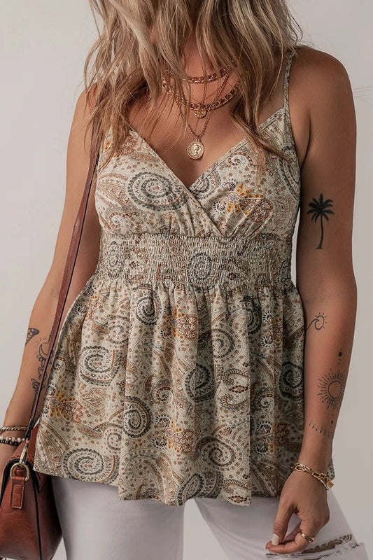 Paisley Printed Smocked Babydoll Cami – Khaki by Simply Love