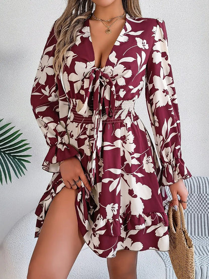 Tied Ruffled Printed Long Sleeve Dress – Burgundy Women's Top for Shopify Collective (6 view)