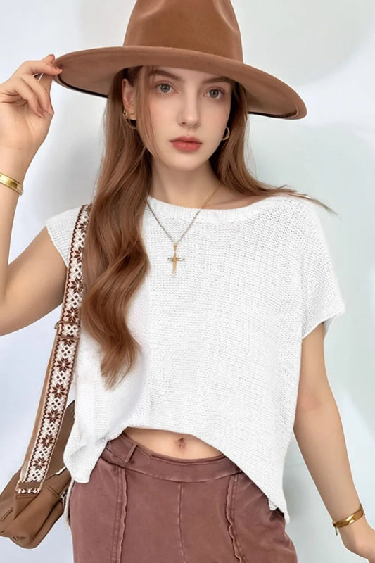 Side Slit Round Neck Knit Top – White for Shopify Collective (1 view)