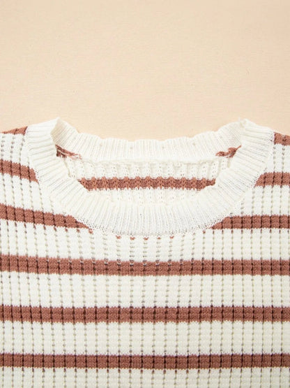 Stripe Scalloped Round Neck Short Sleeve Sweater – Caramel by Simply Love