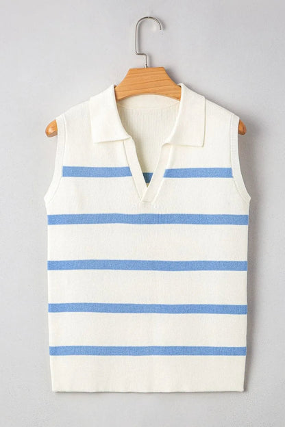 Stripe Split V Neck Collared Ribbed Sweater Vest – White by Simply Love