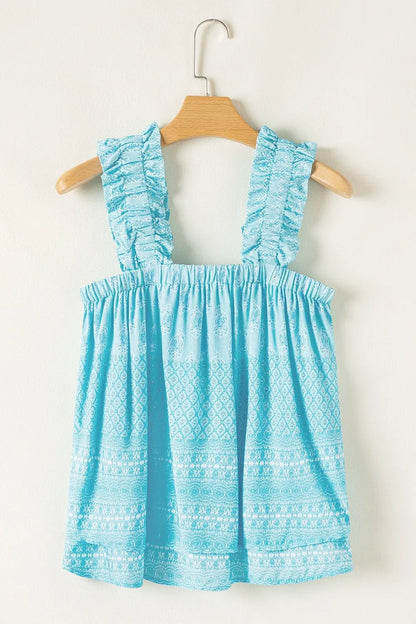 Printed Ruffled Wide Straps Tank – Pastel Blue by Simply Love