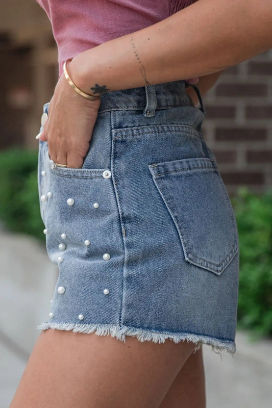 Pearl Beaded Raw Hem Wash Denim Shorts – Medium by Simply Love