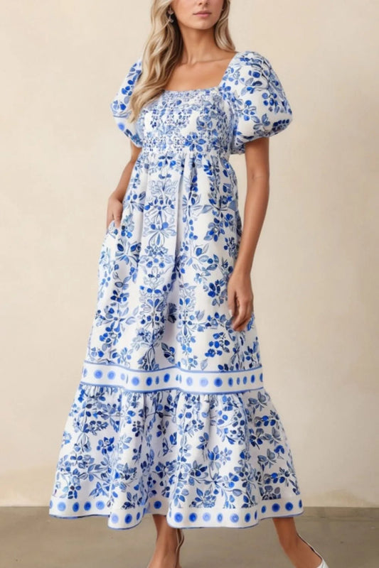 Smocked Printed Square Neck Puff Sleeve Dress – Royal Blue by Simply Love