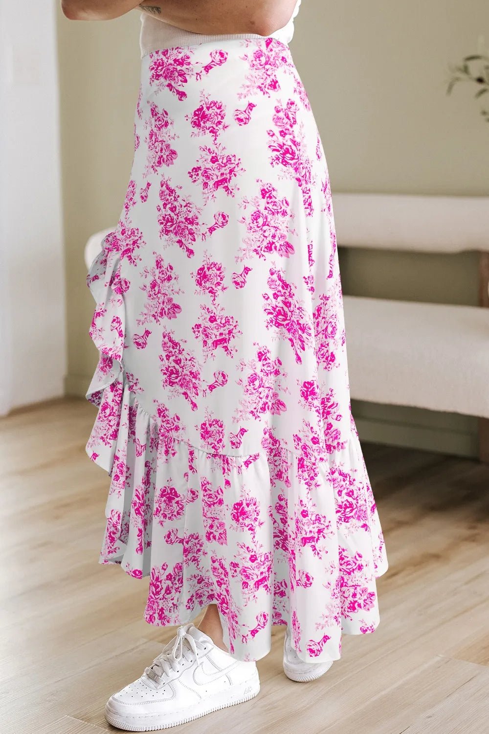 Boho Floral High Waist Ruffle Split Maxi Skirt – Pink for Shopify Collective (5 view)