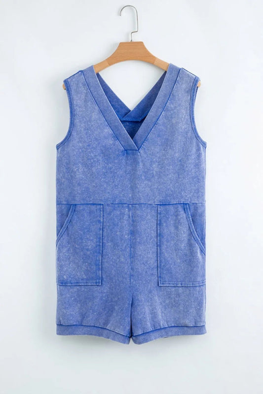 Mineral Wash Pocketed Sleeveless V Neck Loose Romper – Dusty Blue for Shopify Collective (2 view)