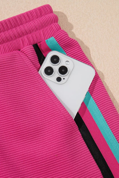 Striped Detail Flutter Sleeve Zipped Collar Top and Short Set – Hot Pink for Shopify Collective (10 view)