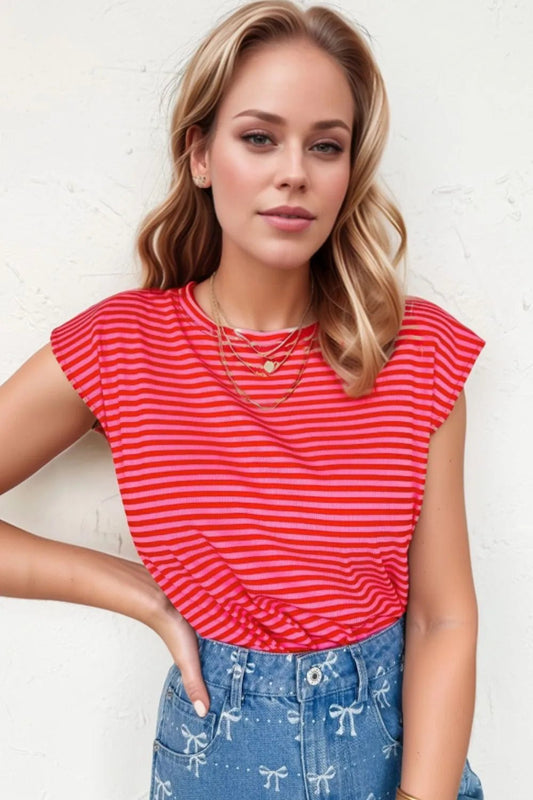Stripe Ribbed Cap Sleeve Round Neck T Shirt – Strawberry for Shopify Collective (2 view)