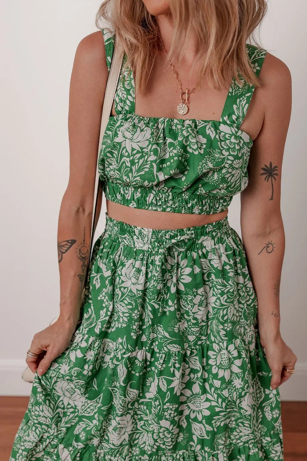 Floral Print Shirred Crop Top and Midi Skirt Set – Dark Green for Shopify Collective (5 view)
