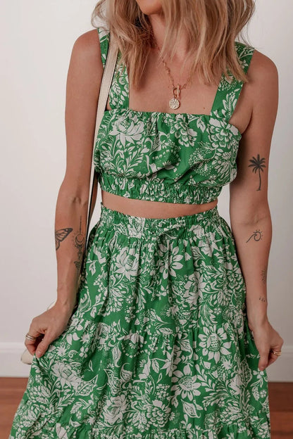 Floral Print Shirred Crop Top and Midi Skirt Set – Dark Green for Shopify Collective (5 view)