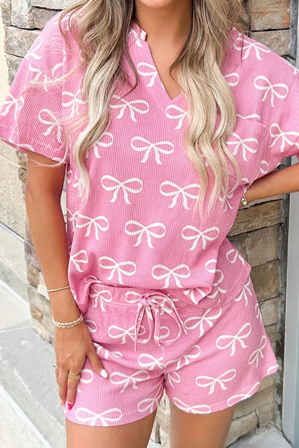 Bowknot Printed Notched T-Shirt and Shorts Set – Pink for Shopify Collective (5 view)