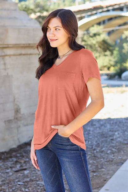 Basic Bae Bamboo Full Size V - Neck Short Sleeve T-Shirt – Watermelon pink for Shopify Collective (3 view)