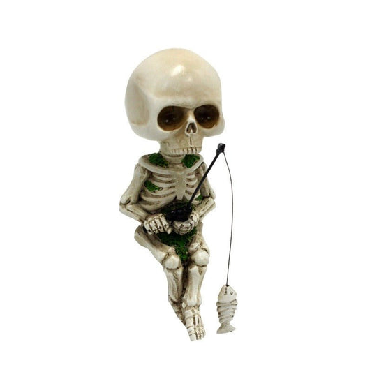 Fishing Skeleton Resin Figurine – Mini Garden/Courtyard Décor, 11.5 cm | Seasonal Decorations – Fishing Skull Fishing Skeleton for extendedship (1 view)