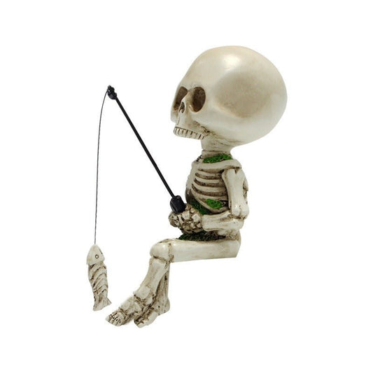 Fishing Skeleton Resin Figurine – Mini Garden/Courtyard Décor, 11.5 cm | Seasonal Decorations – Fishing Skull Fishing Skeleton for extendedship (2 view)