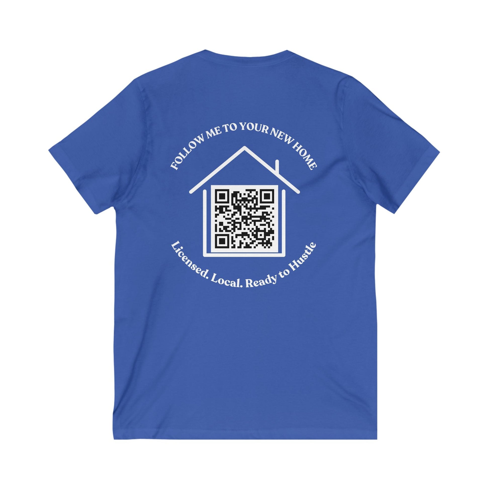 Follow Me to Your New Home V - Neck– Custom QR Code Real Estate Tee – Black T-Shirt for Casual Shirt (3 view)
