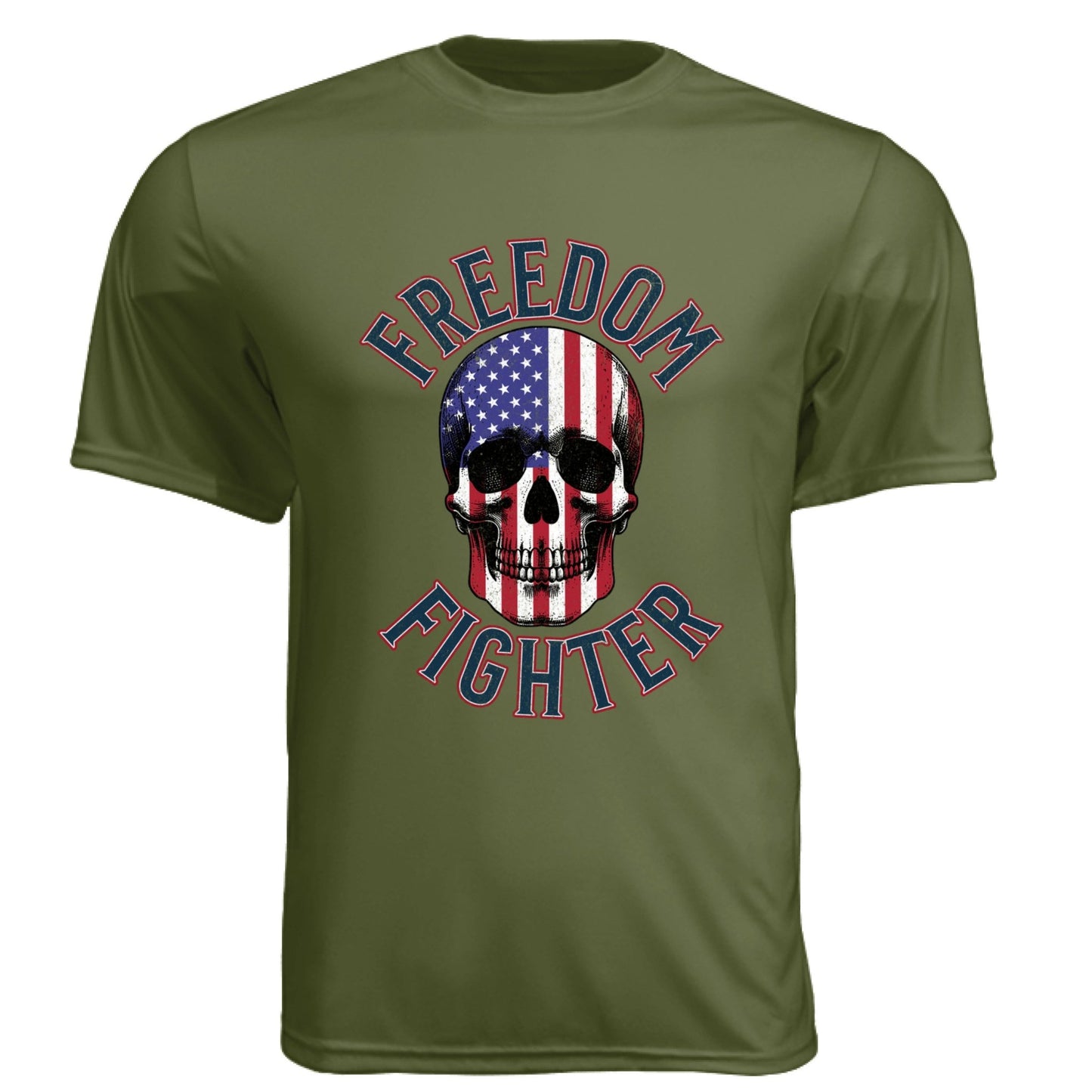 Freedom Fighter – American Flag Skull Tee | Patriotic Apparel by RM Outpost – MILITARY GREEN T-Shirt for American Flag (11 view)