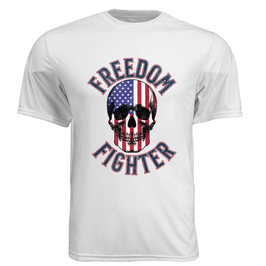 Freedom Fighter – American Flag Skull Tee | Patriotic Apparel by RM Outpost – WHITE T-Shirt for American Flag (2 view)