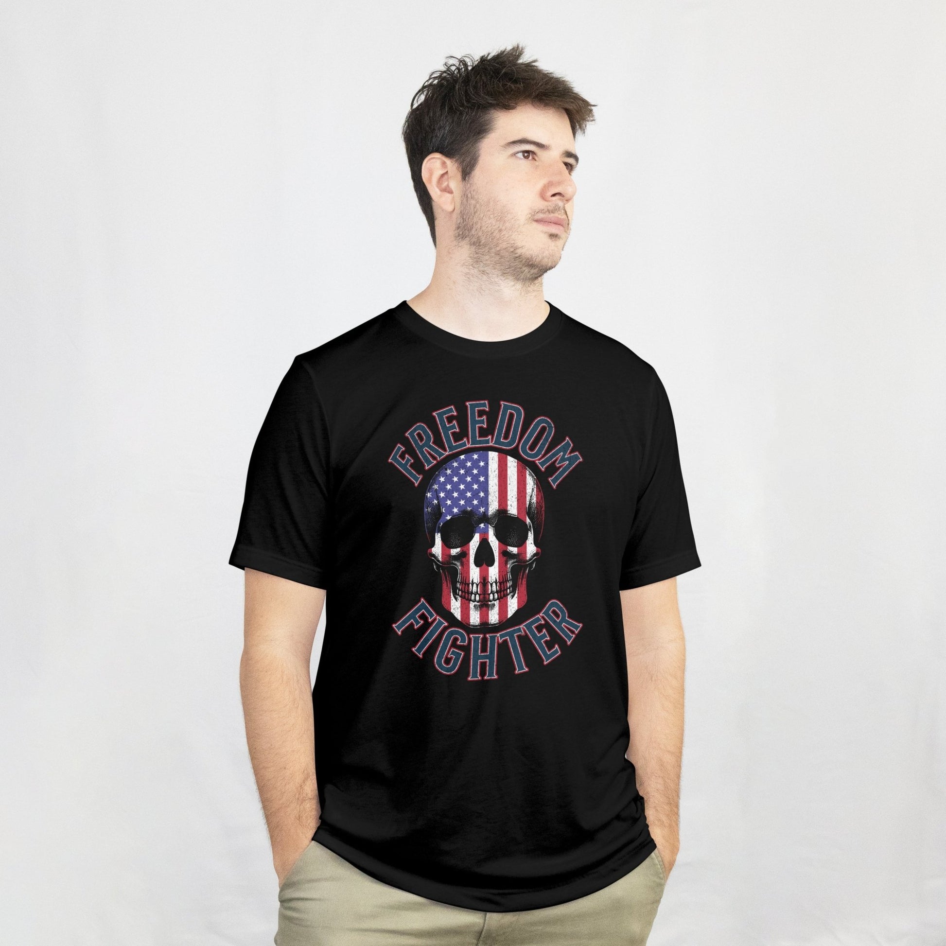 Freedom Fighter – American Flag Skull Tee | Patriotic Apparel by RM Outpost – WHITE T-Shirt for American Flag (1 view)