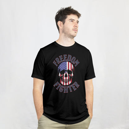 Freedom Fighter – American Flag Skull Tee | Patriotic Apparel by RM Outpost – WHITE T-Shirt for American Flag (1 view)