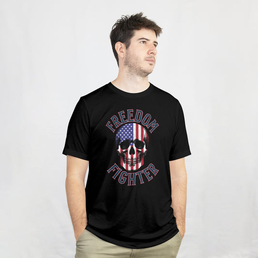 Freedom Fighter – American Flag Skull Tee | Patriotic Apparel by RM Outpost – WHITE T-Shirt for American Flag (1 view)