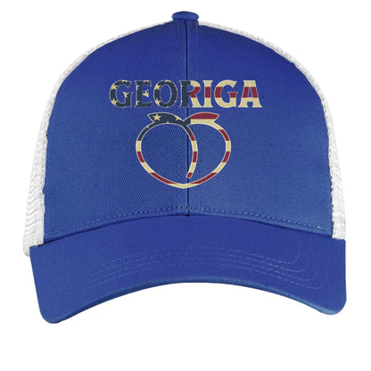 Georgia Trucker Hat – Retro American Peach Pride | Patriotic Apparel – ROYAL/ WHITE Hats for American Apparel (1 view)