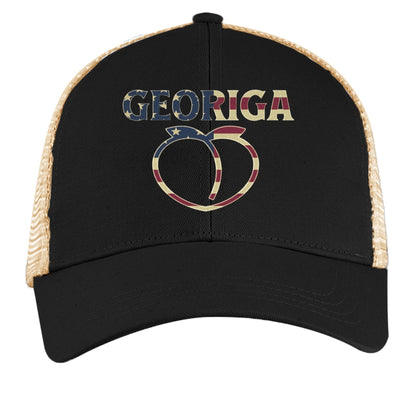 Georgia Trucker Hat – Retro American Peach Pride | Patriotic Apparel – BLACK / OYSTER Hats for American Apparel (4 view)