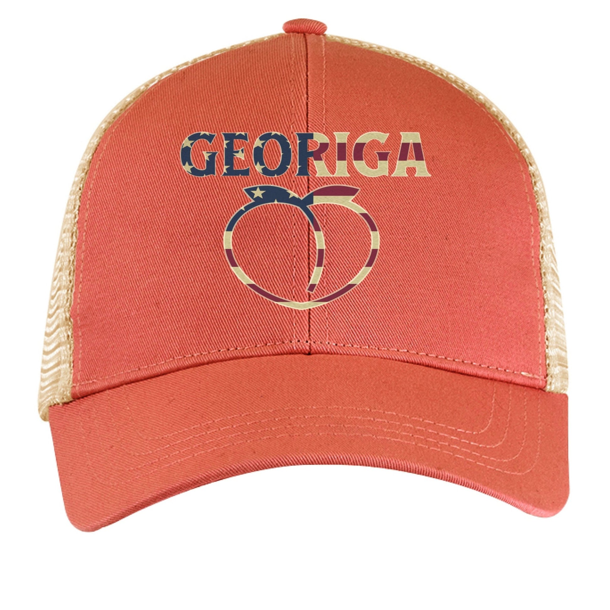 Georgia Trucker Hat – Retro American Peach Pride | Patriotic Apparel – ORNGE POPPY / OYSTER Hats for American Apparel (2 view)