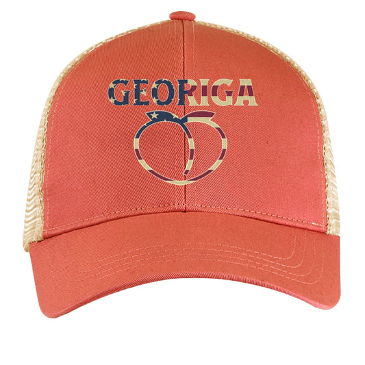 Georgia Trucker Hat – Retro American Peach Pride | Patriotic Apparel – ORNGE POPPY / OYSTER Hats for American Apparel (2 view)