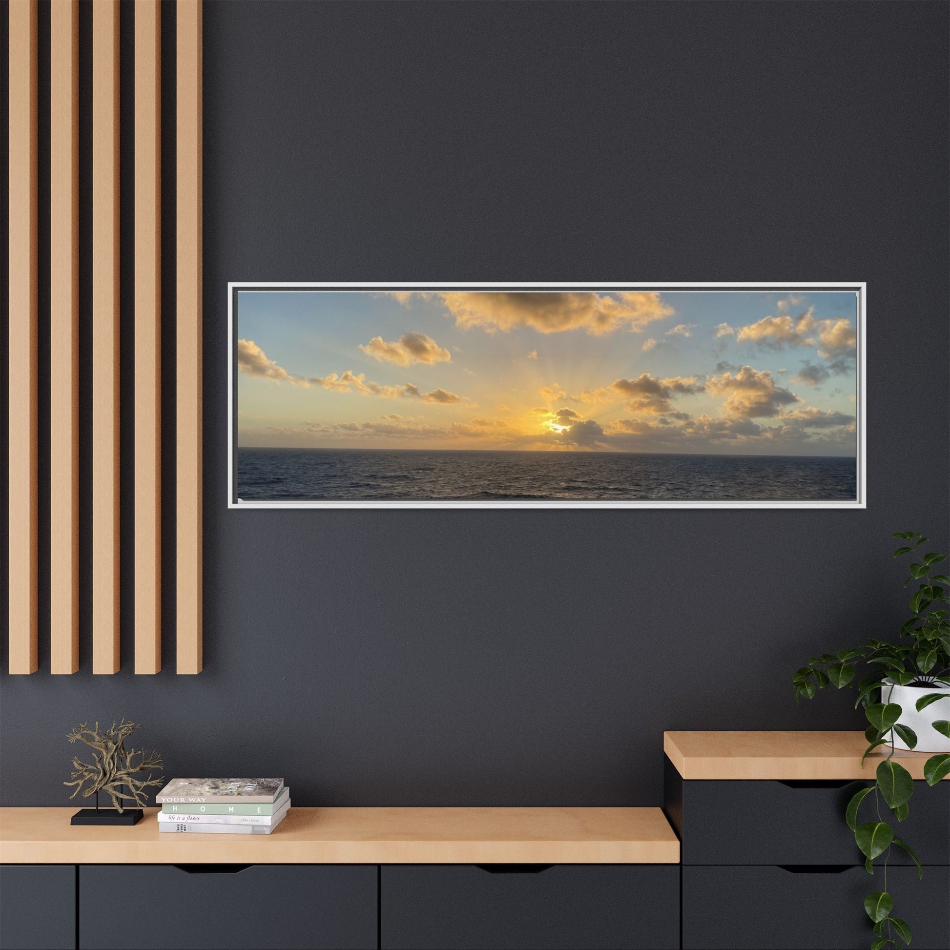 Golden Glow Over Ocean Canvas Wall Art – Peaceful Sunrise Print | Serene Coastal Photography Decor – 18″ x 12″ (Horizontal) Canvas for art for office (125 view)