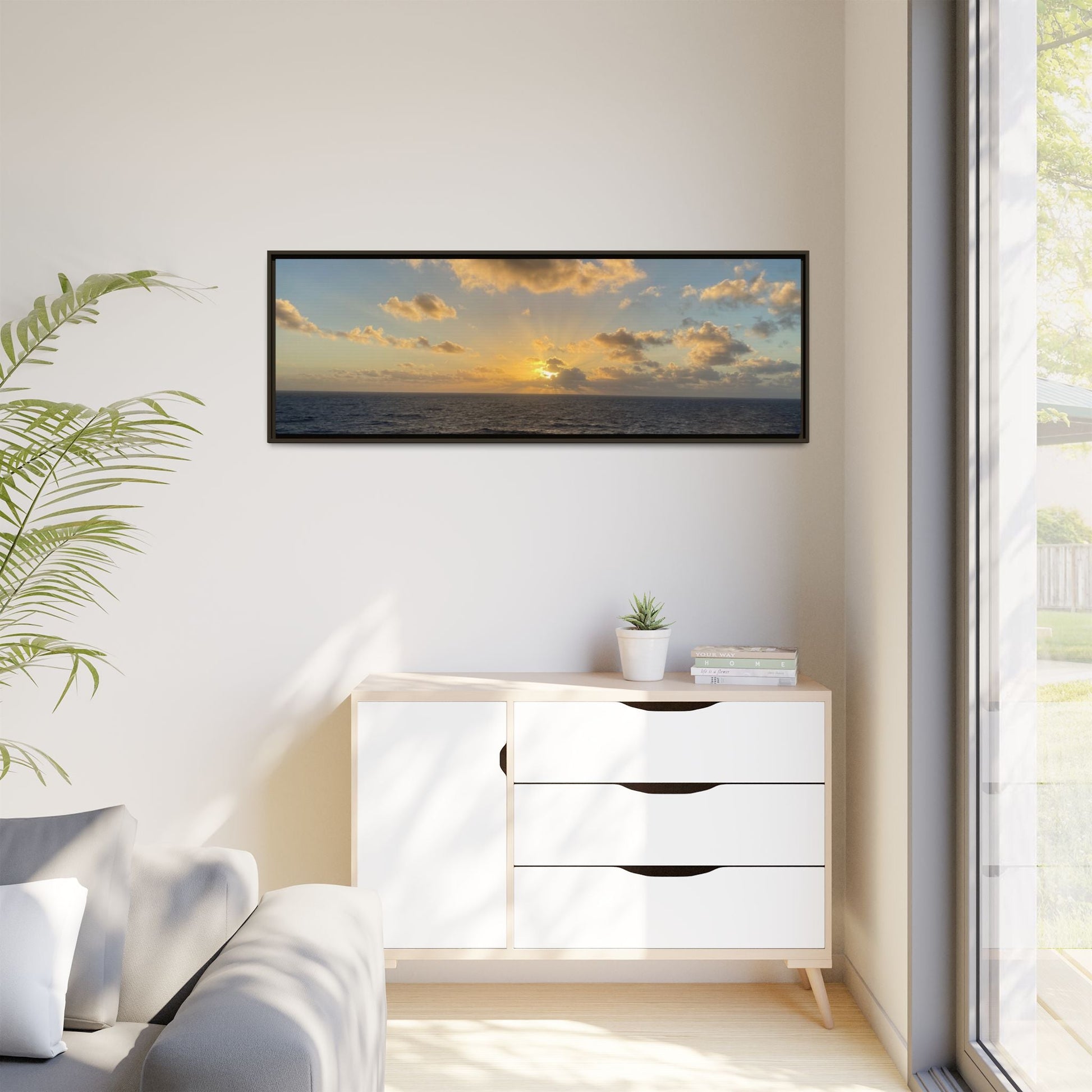 Golden Glow Over Ocean Canvas Wall Art – Peaceful Sunrise Print | Serene Coastal Photography Decor – 18″ x 12″ (Horizontal) Canvas for art for office (121 view)