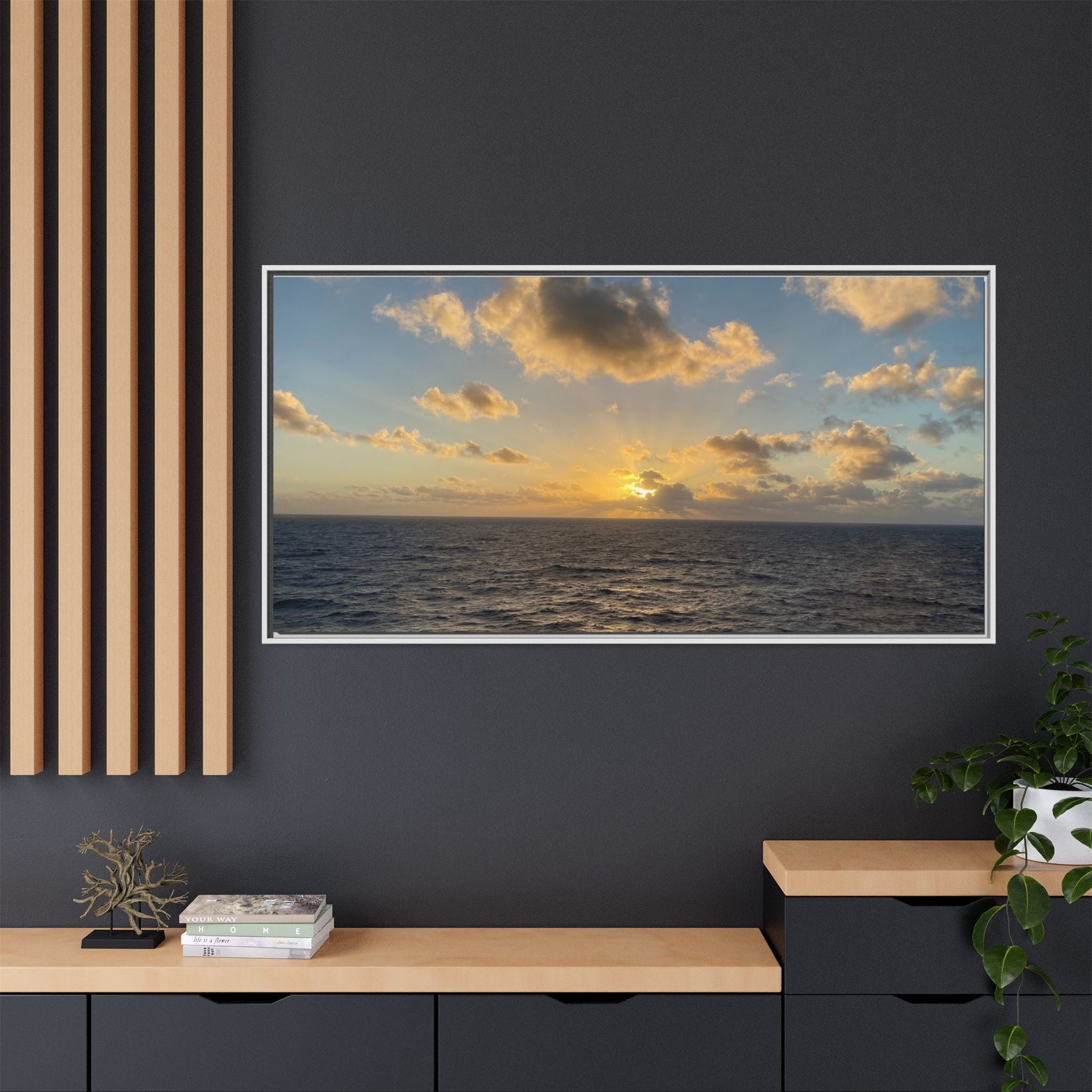 Golden Glow Over Ocean Canvas Wall Art – Peaceful Sunrise Print | Serene Coastal Photography Decor – 18″ x 12″ (Horizontal) Canvas for art for office (134 view)