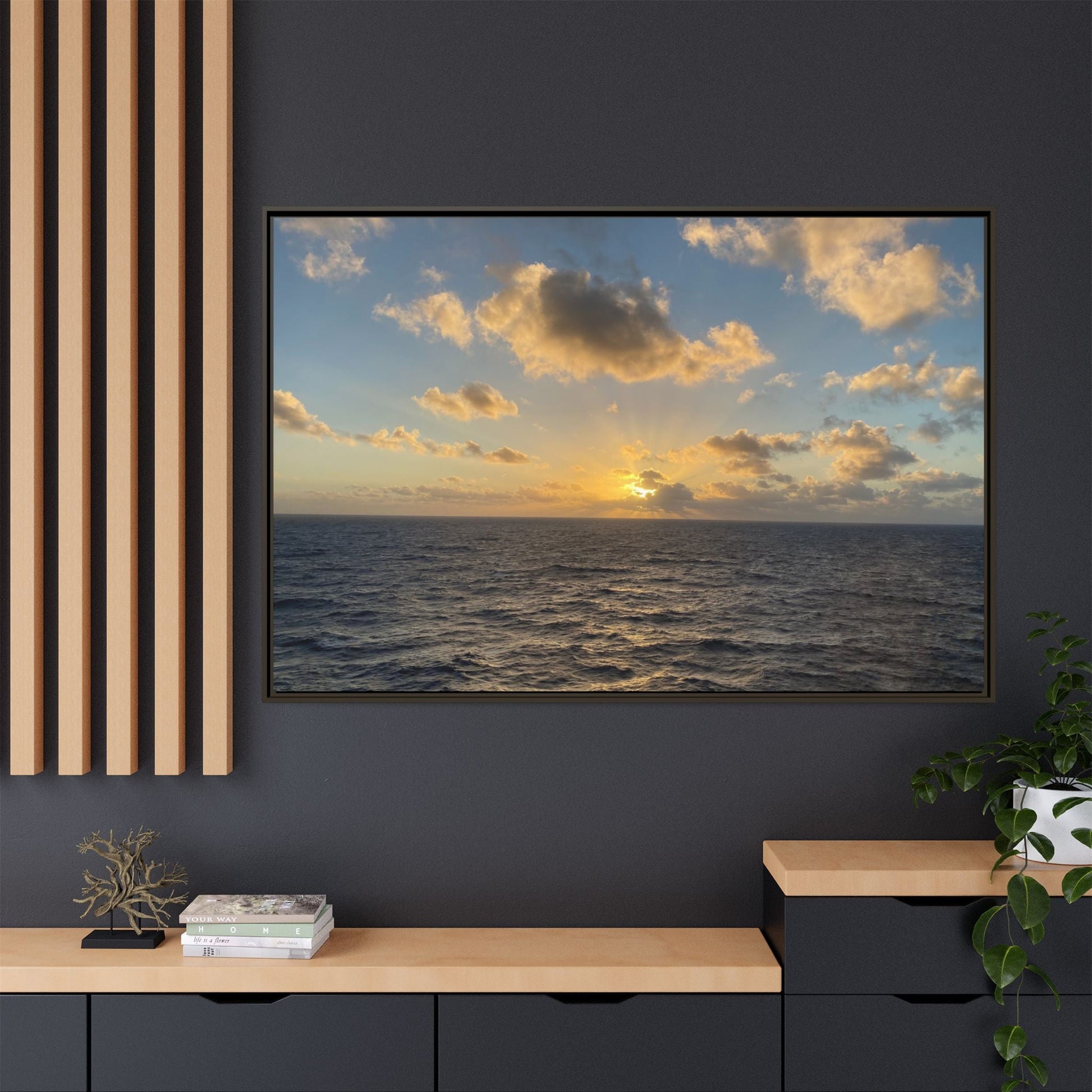 Golden Glow Over Ocean Canvas Wall Art – Peaceful Sunrise Print | Serene Coastal Photography Decor – 18″ x 12″ (Horizontal) Canvas for art for office (149 view)