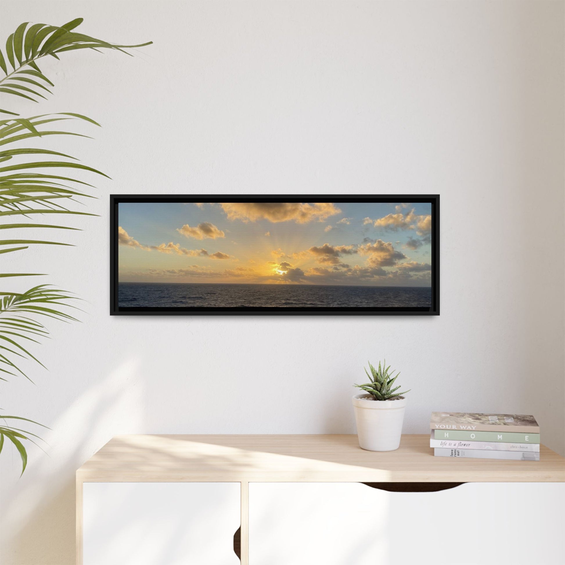 Golden Glow Over Ocean Canvas Wall Art – Peaceful Sunrise Print | Serene Coastal Photography Decor – 18″ x 12″ (Horizontal) Canvas for art for office (94 view)