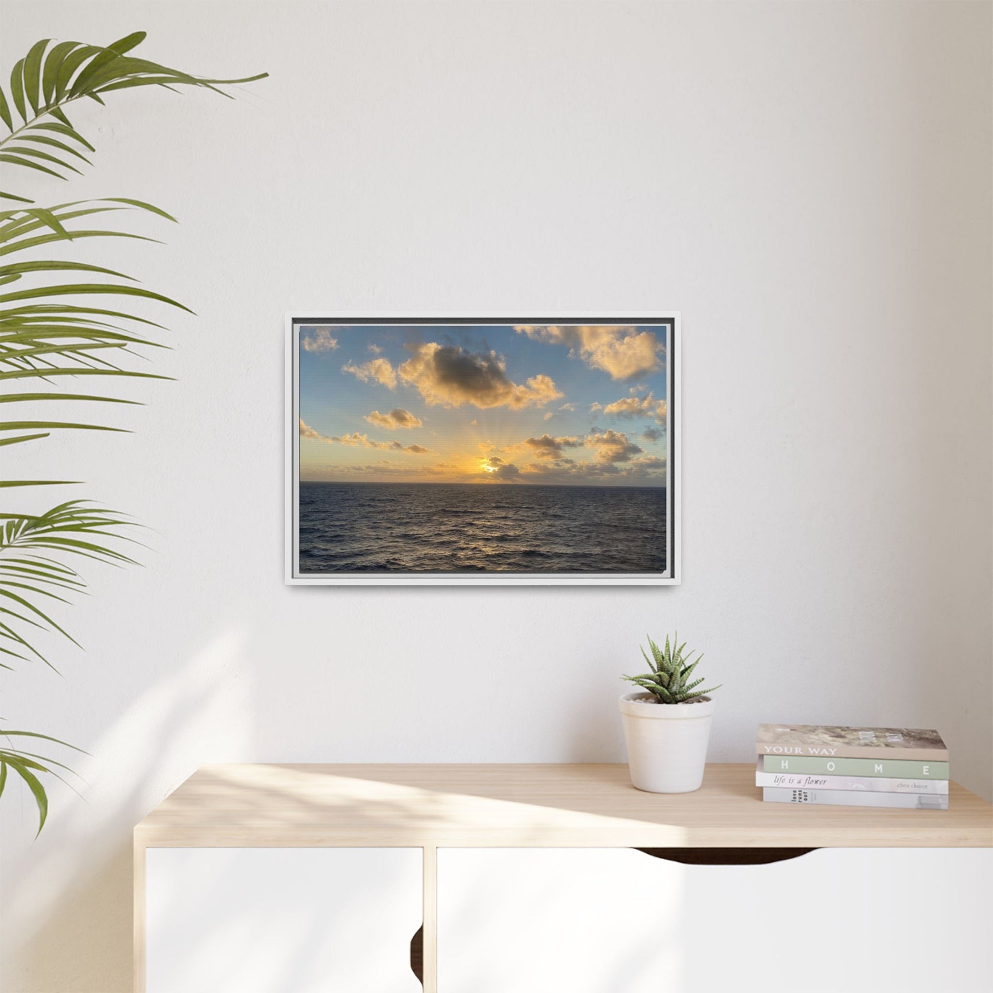 Golden Glow Over Ocean Canvas Wall Art – Peaceful Sunrise Print | Serene Coastal Photography Decor – 18″ x 12″ (Horizontal) Canvas for art for office (91 view)